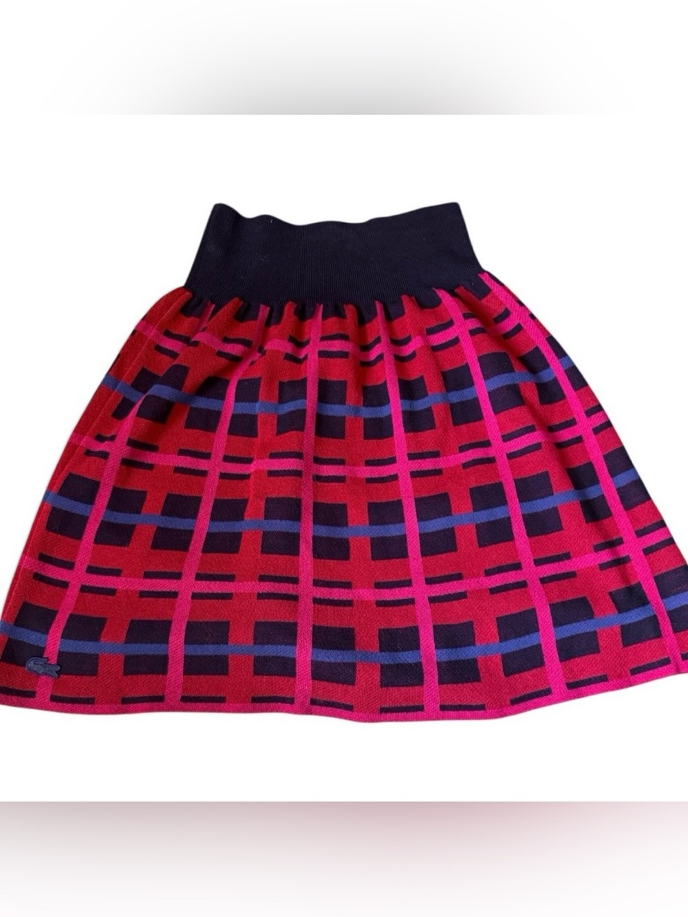 Lacoste Knit Plaid Skirt with Elastic Waist in Blue and Red, A-Line, 36/S
